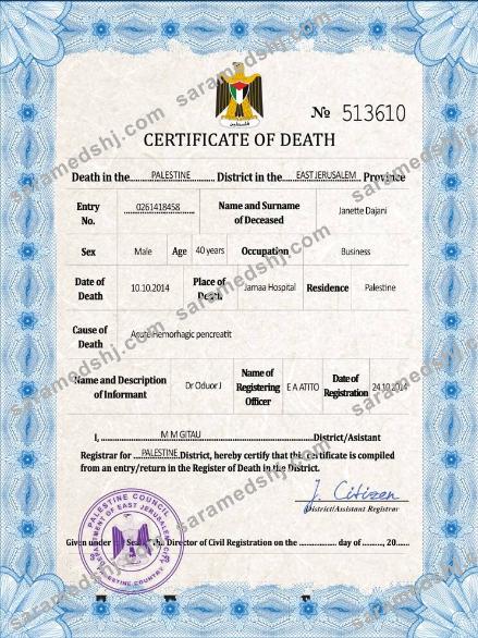 Palestine vital record death certificate PSD template